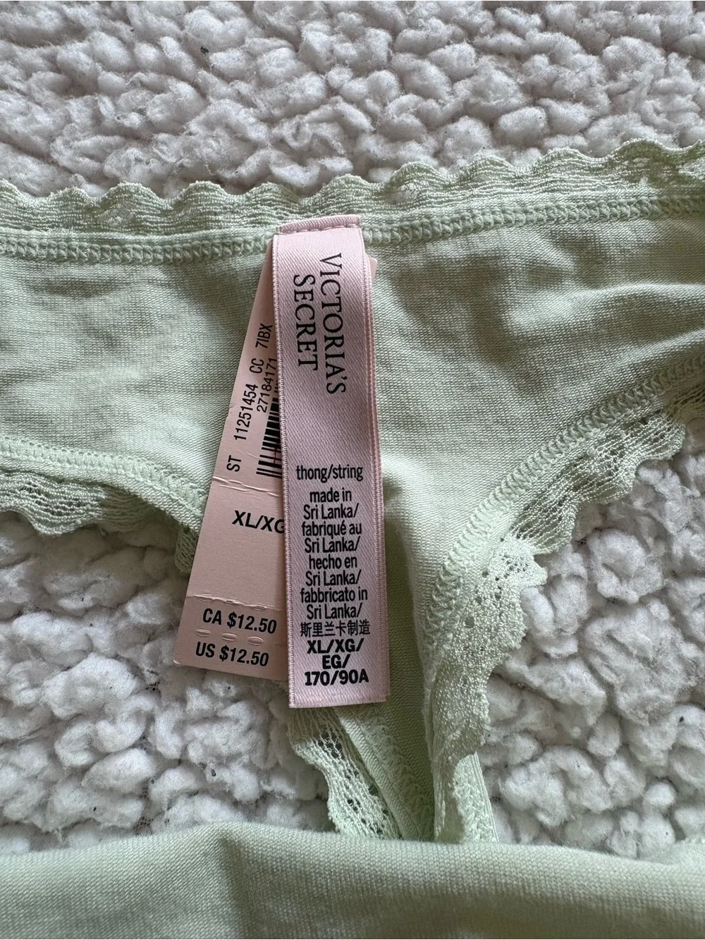 Victoria's Secret Pale Green Lace-Trim Thong with Bunny Embroidery